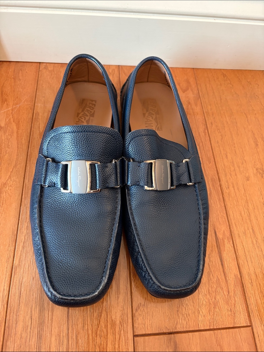 Salvatore Ferragamo Navy Pebbled Leather Bit Drivers